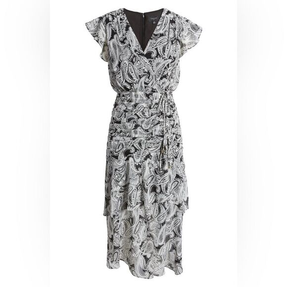 NEW TAHARI ASL Paisley Side Ruched Midi Dress in Black Ivory Plus Size 14 - Picture 14 of 14